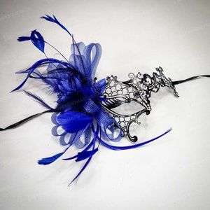 Blue feather masquerade ball mask halloween outfit